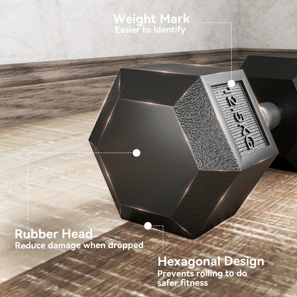 2x12.5KG Rubber Hex Dumbbell Portable Hand Weights Dumbbell Home Gym